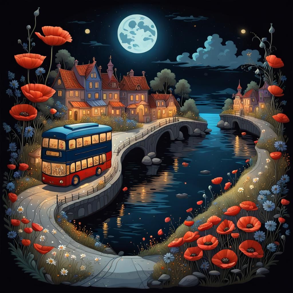 Bioluminescent Floating City at Night in Palekh Style