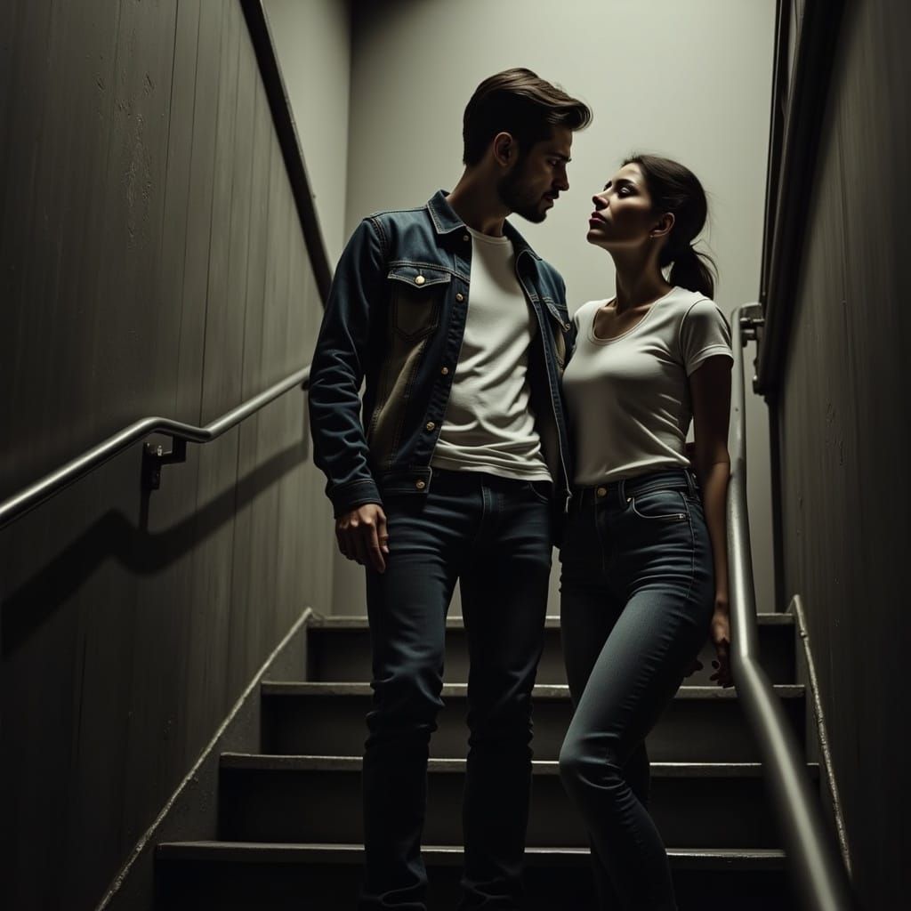 Intimate Moment: Couple Sharing Secrets on Industrial Stairc...