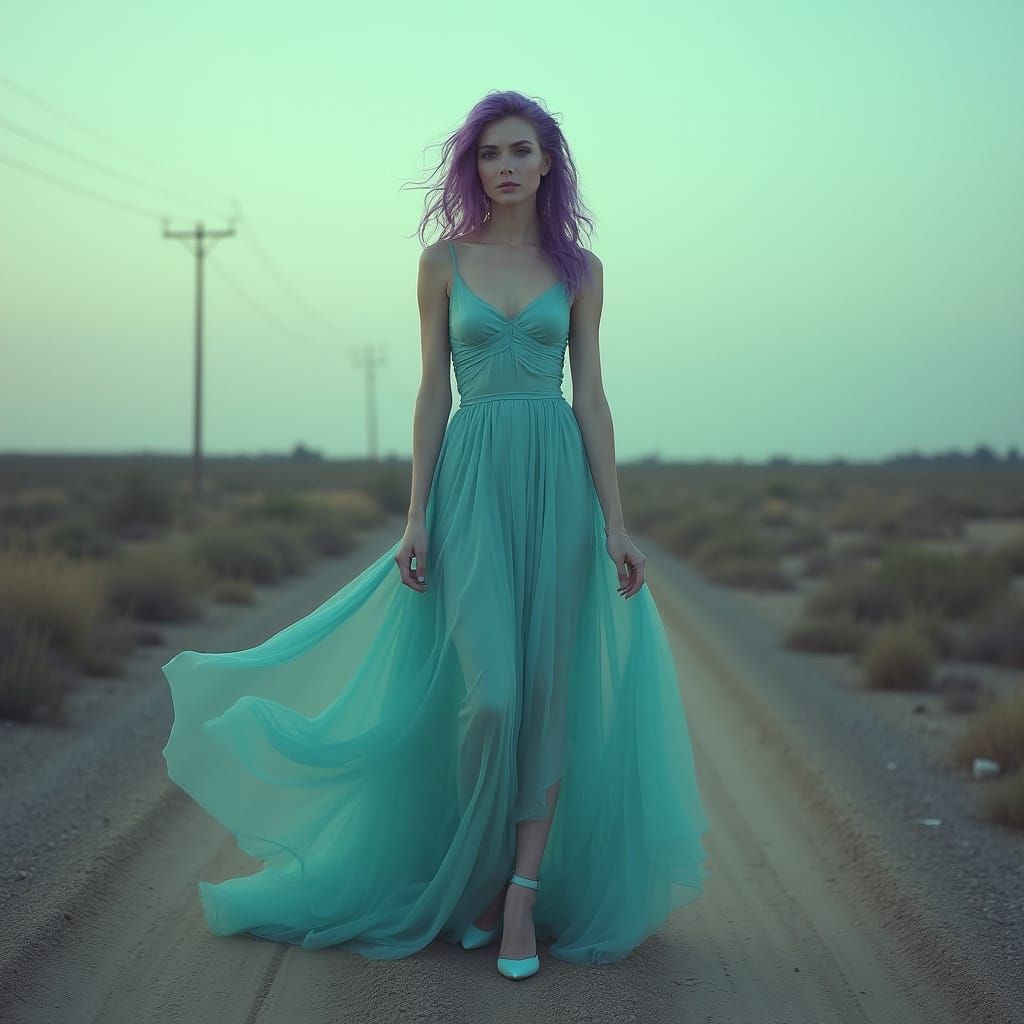 Violet-Haired Woman on Desolate Road, Cinematic Lighting