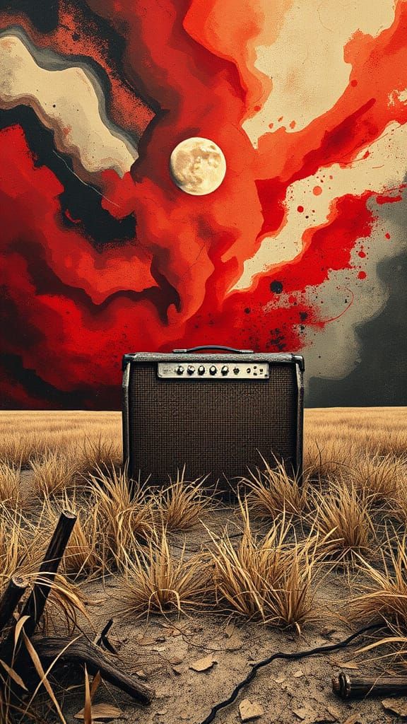 Weathered Guitar Amplifier in a Dramatic Landscape
