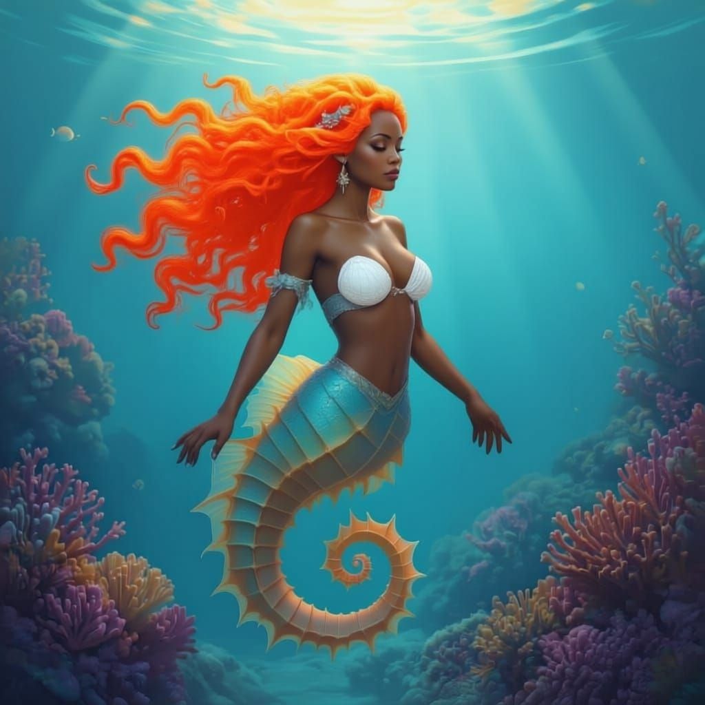 Half Woman Half Seahorse Creature in Underwater Paradise