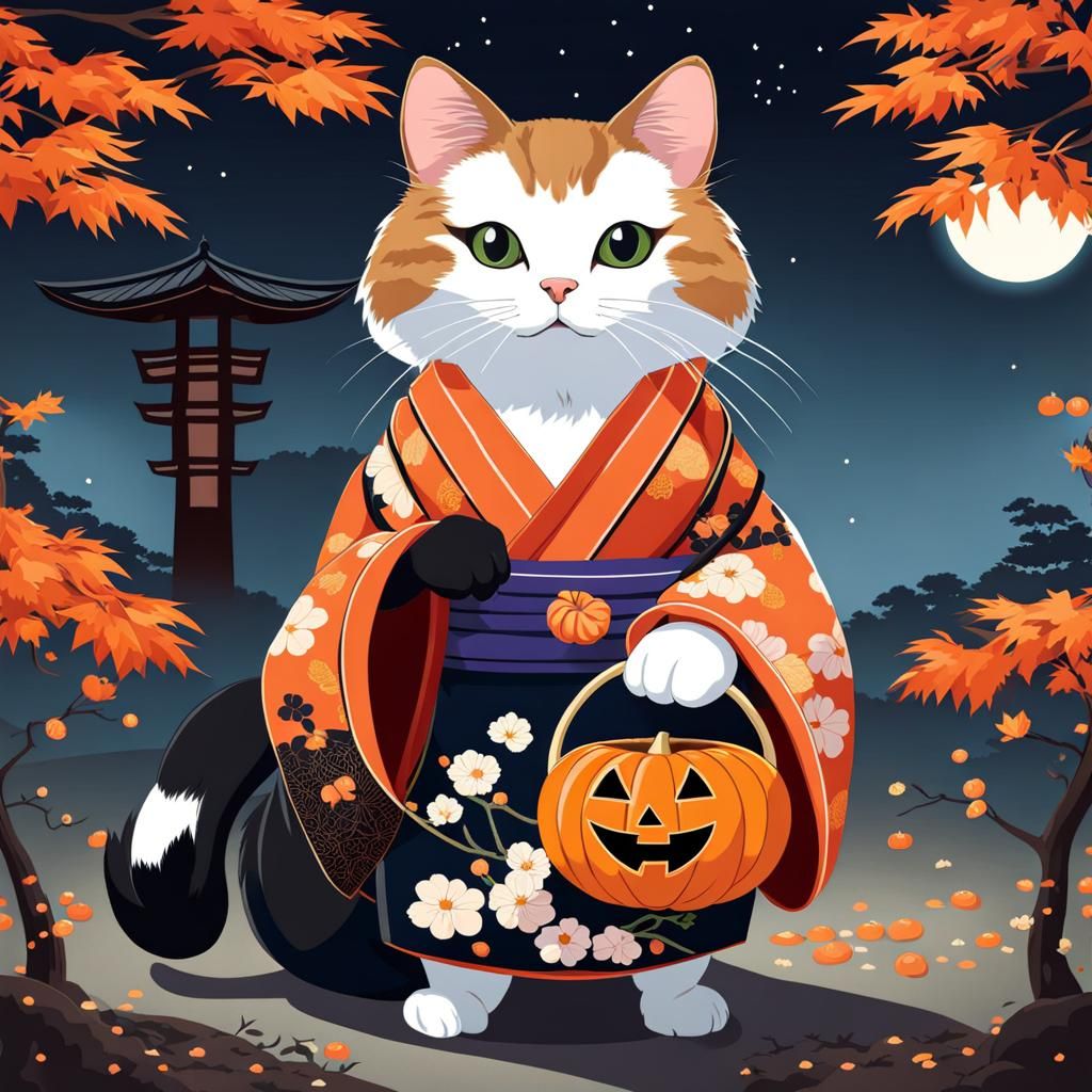 Tuxedo Cat in Kimono: Ukiyo-e Halloween Treat