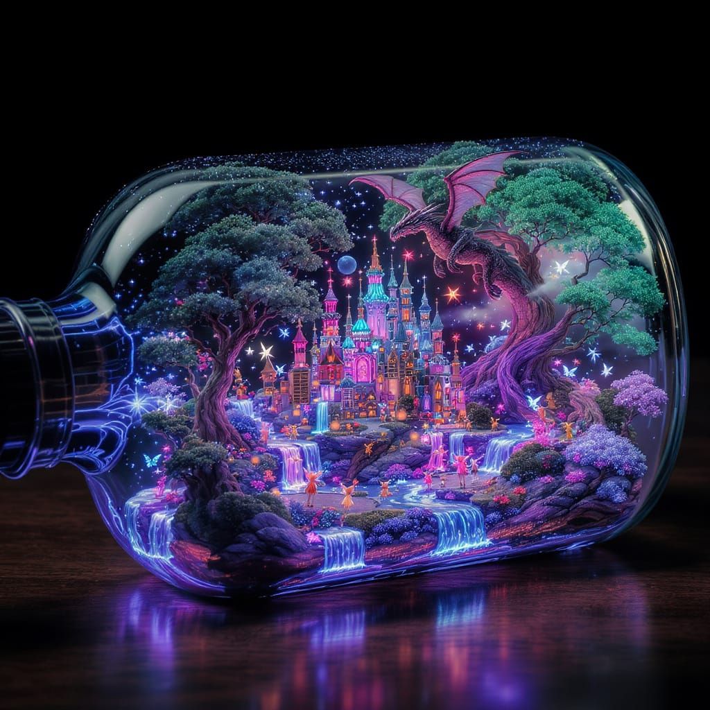 Miniature Neon City in a Bottle