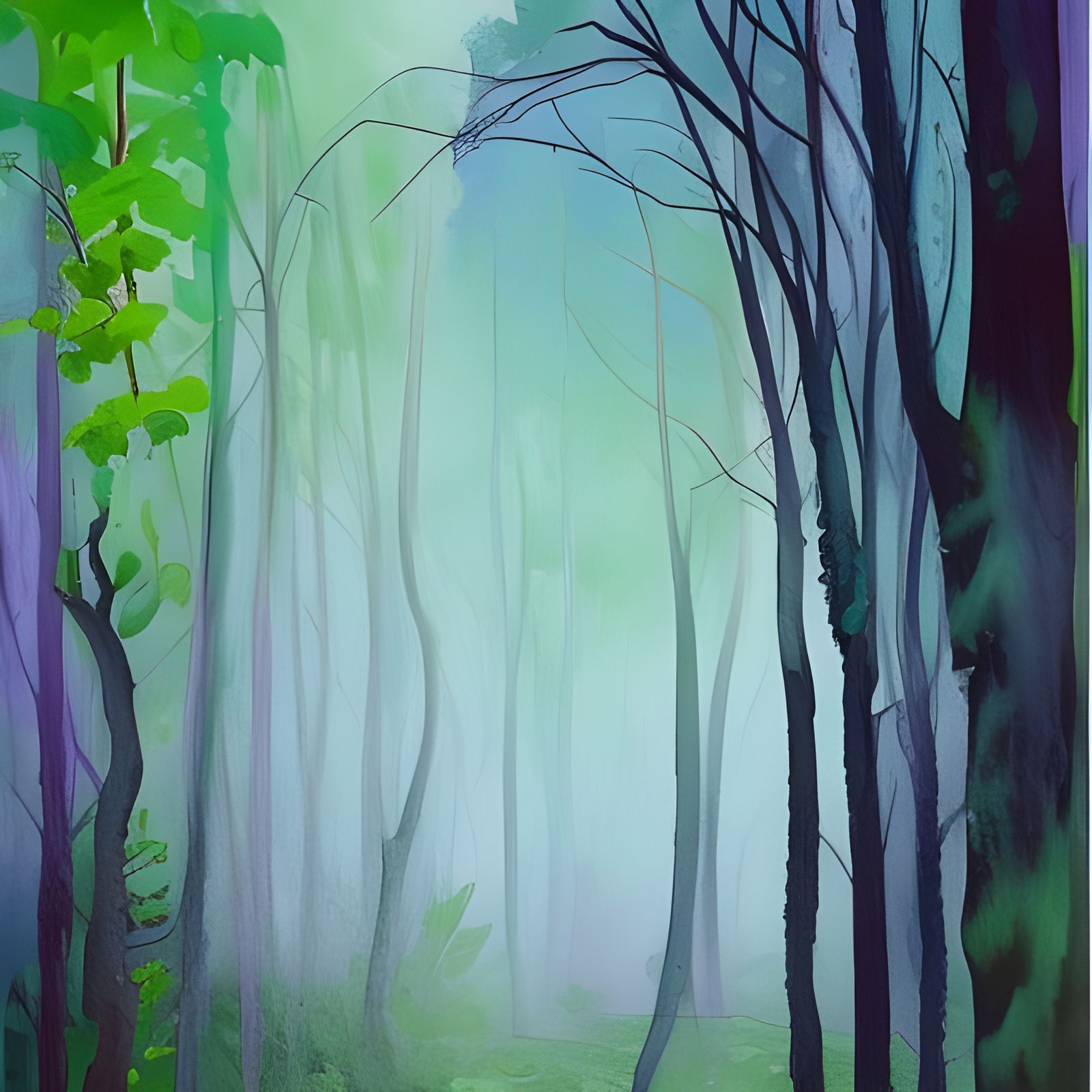 Misty Fantasy Forest in Gouache Impressionist Style