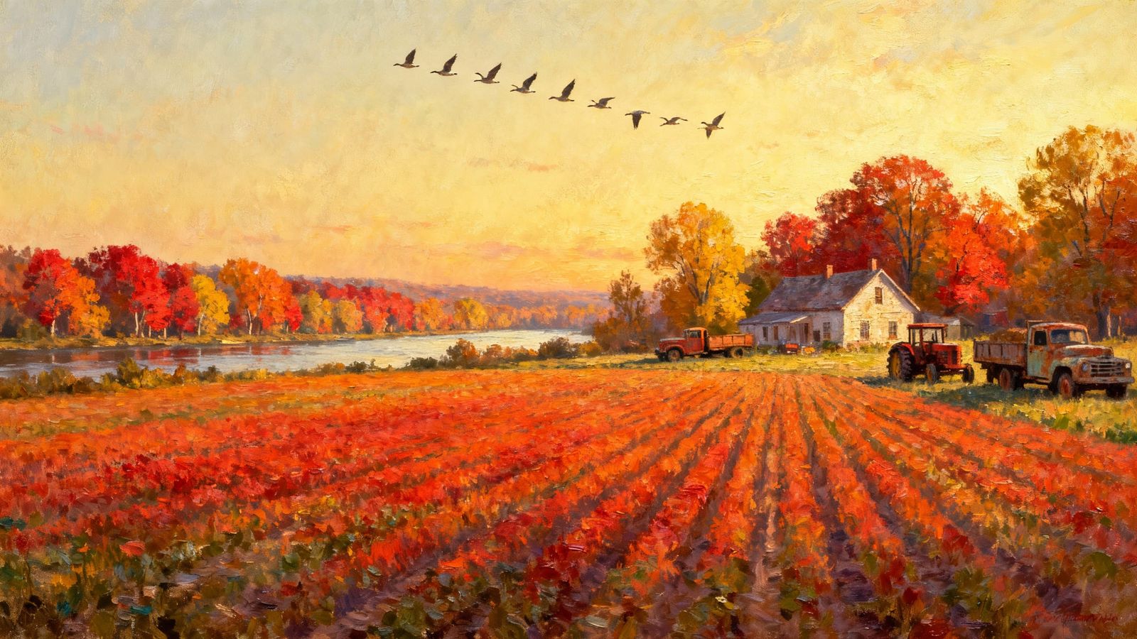 Vibrant Autumn Midwest Landscape Oil Painting