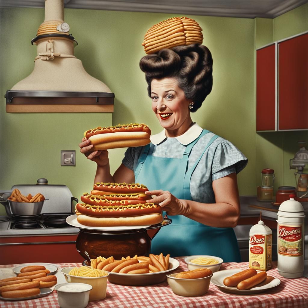 Humorous 50s Housewife with Hot Dog Beehive