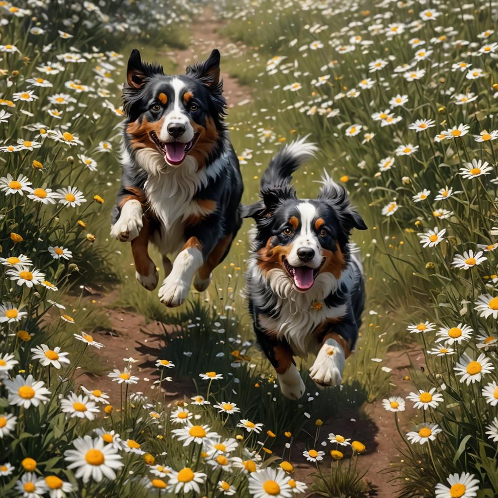 Australian Shepherds in Daisy Field: Matte Painting