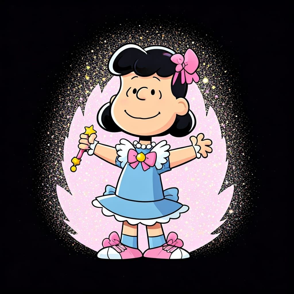 Imagine Lucy Van Pelt from Peanuts as a magical girl, transforming in a burst of glitter and sparkles. She wears a cute,...