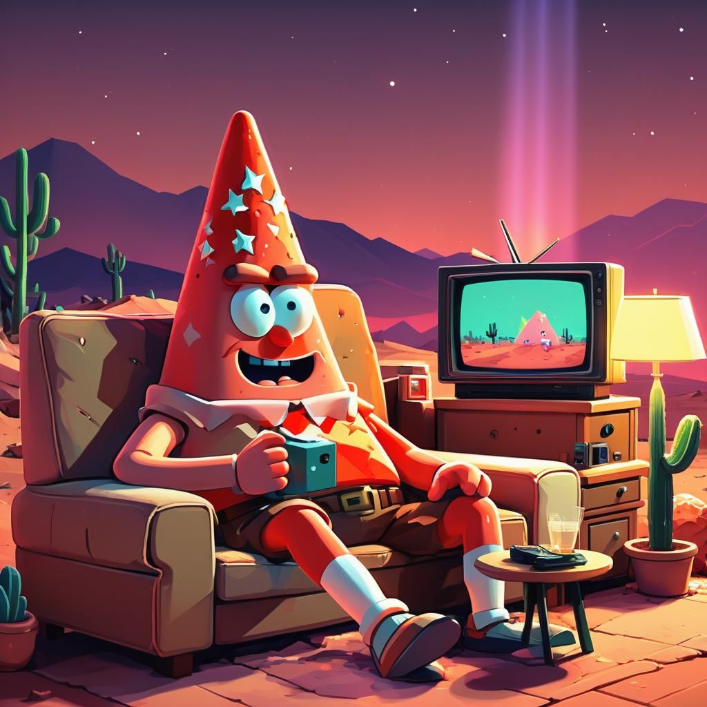 Patrick Star Watching TV in Desert: 8-bit Style