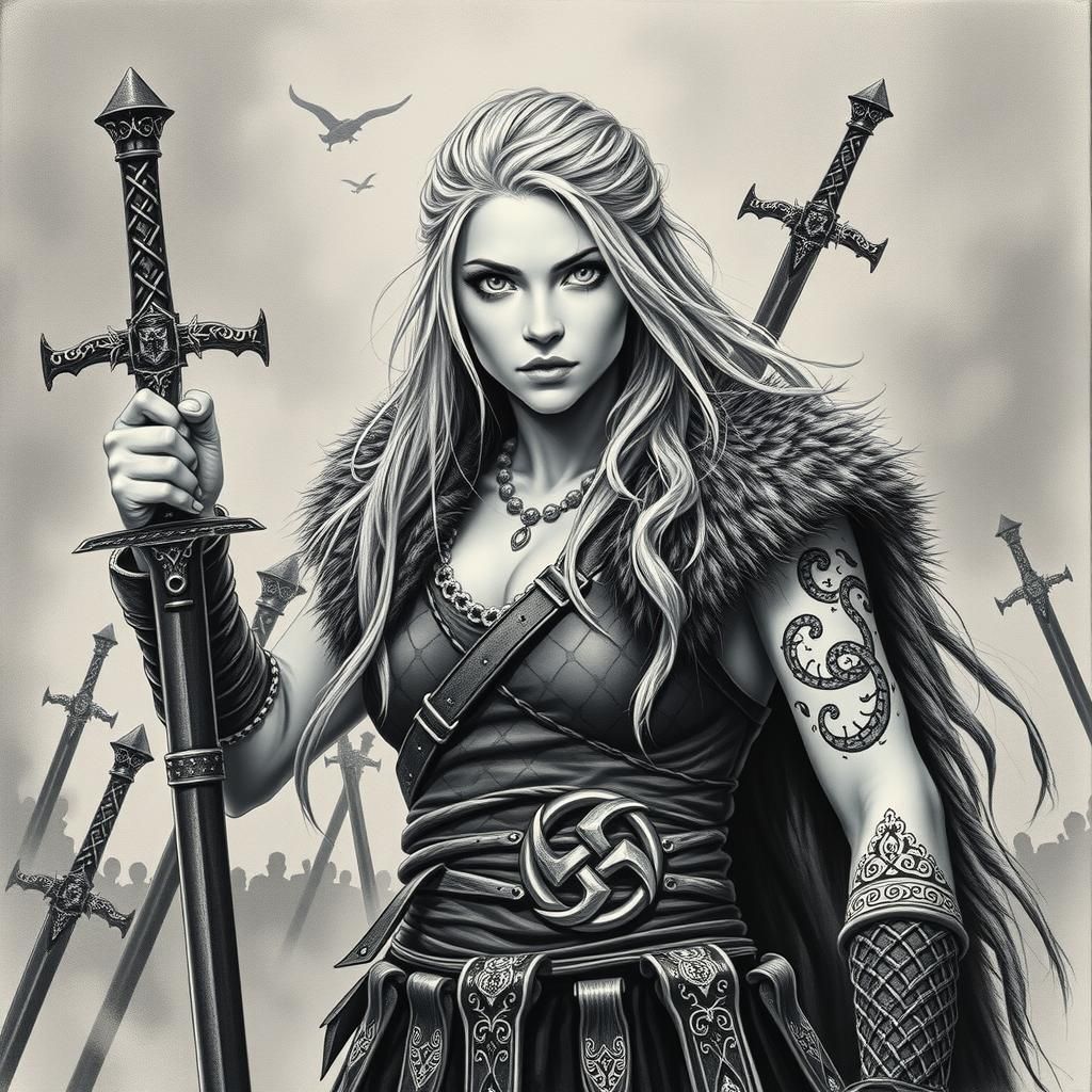 Viking Woman Warrior in Smoky Battlefield, Charcoal Art