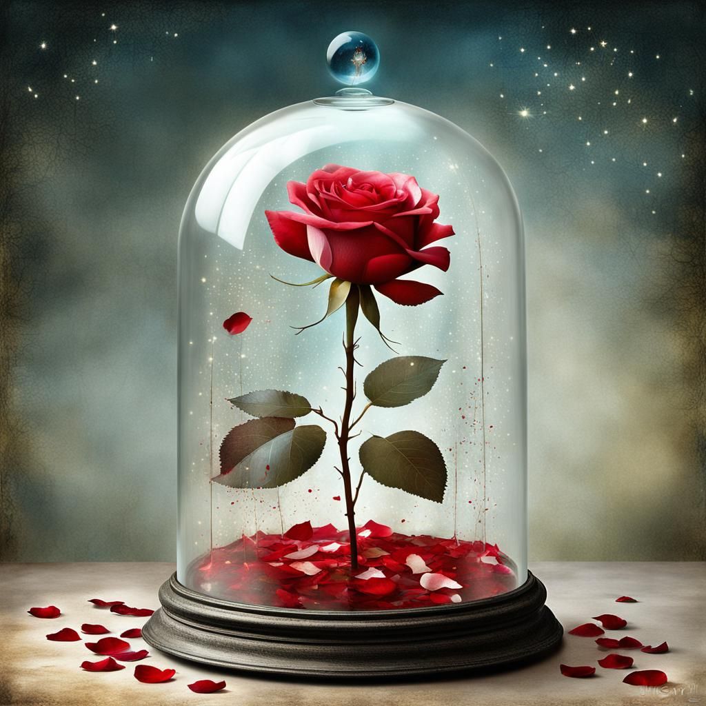 Glowing Rose Under Glass Dome in Surreal Style