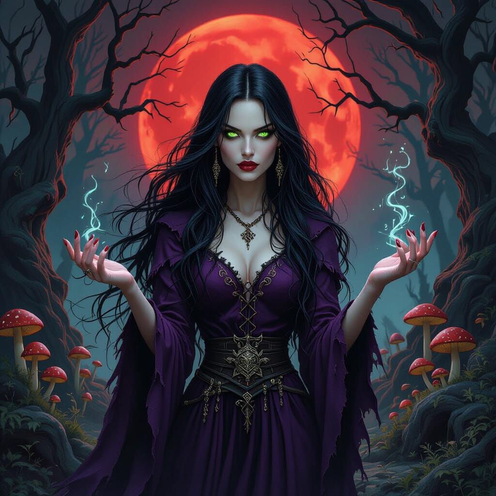 Evil Witch Casting Spell Under Blood Moon in Dark Forest
