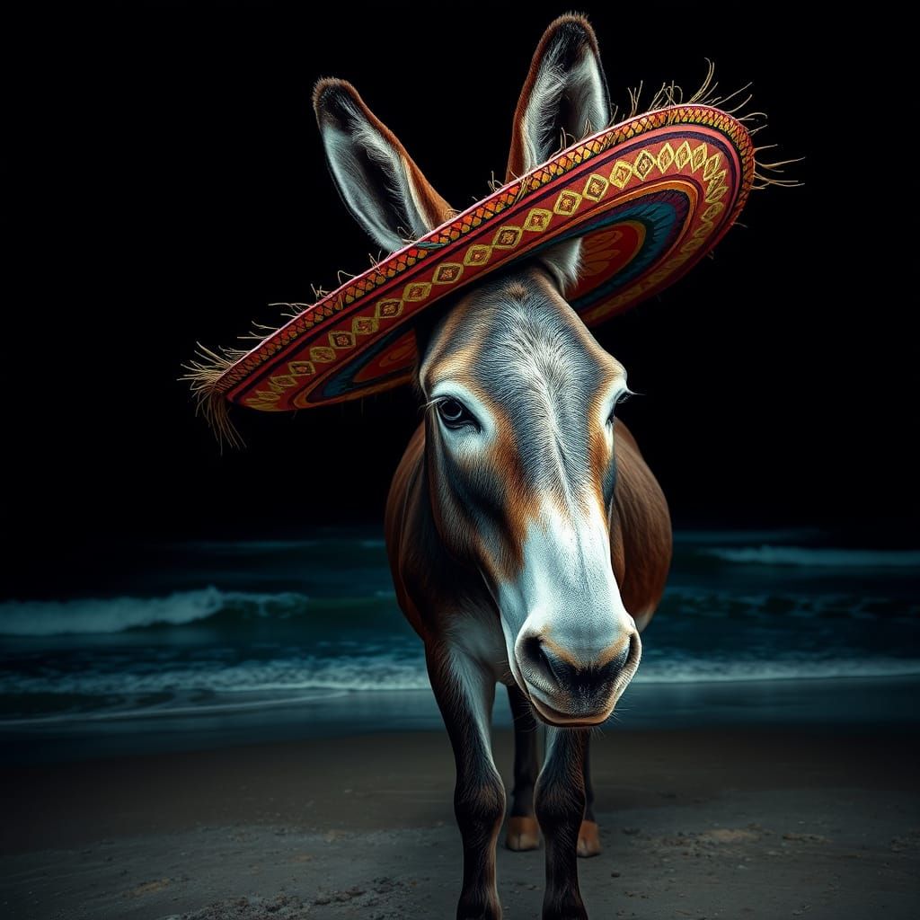 Donkey with Sombrero on Ocean Shore