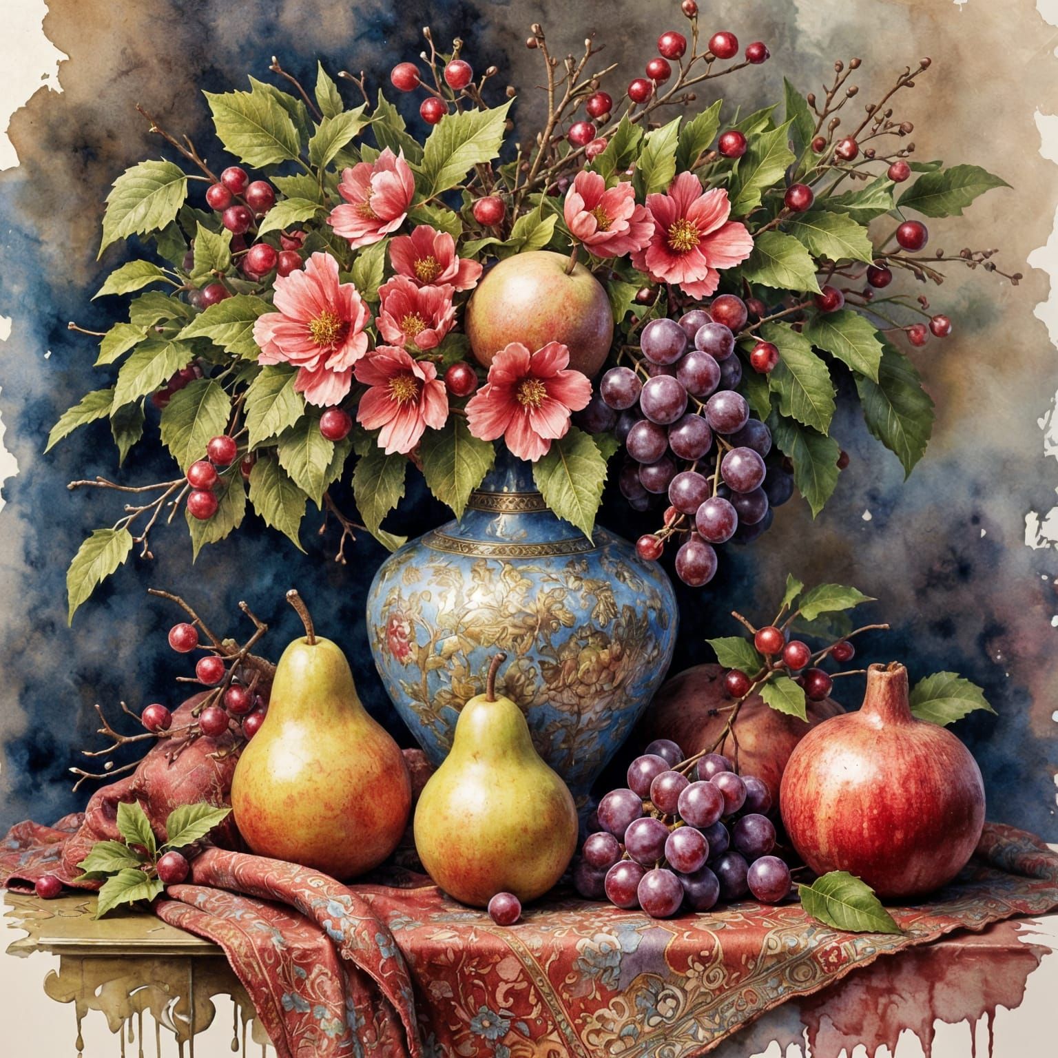 Vibrant Winter Still Life with Fruit and Blooms