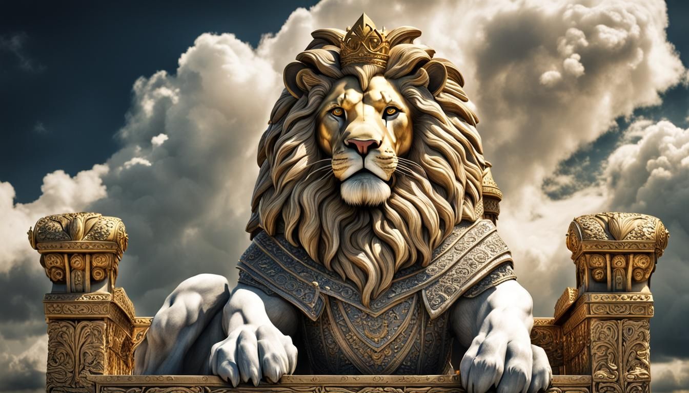 Lion Warrior King on Throne in White and Gold
