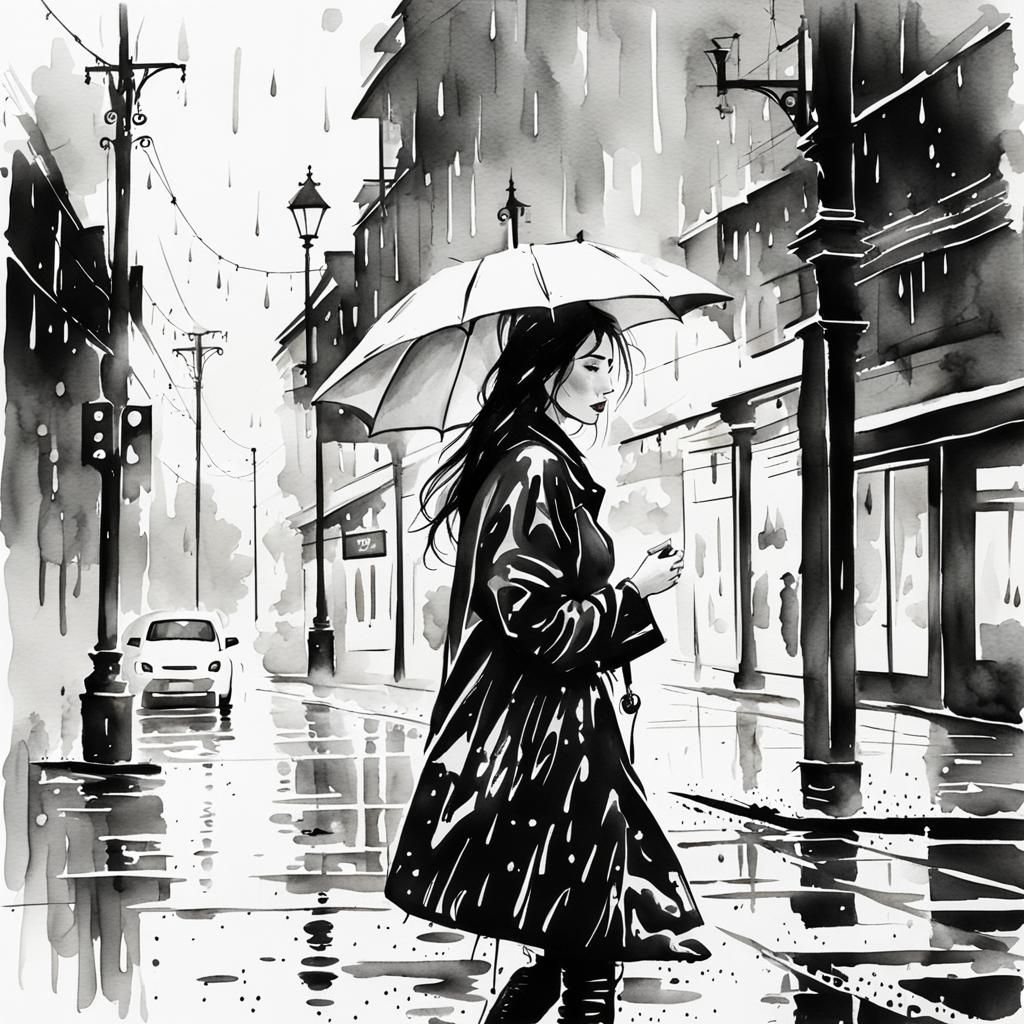 Black and White Watercolor of Woman in Rain