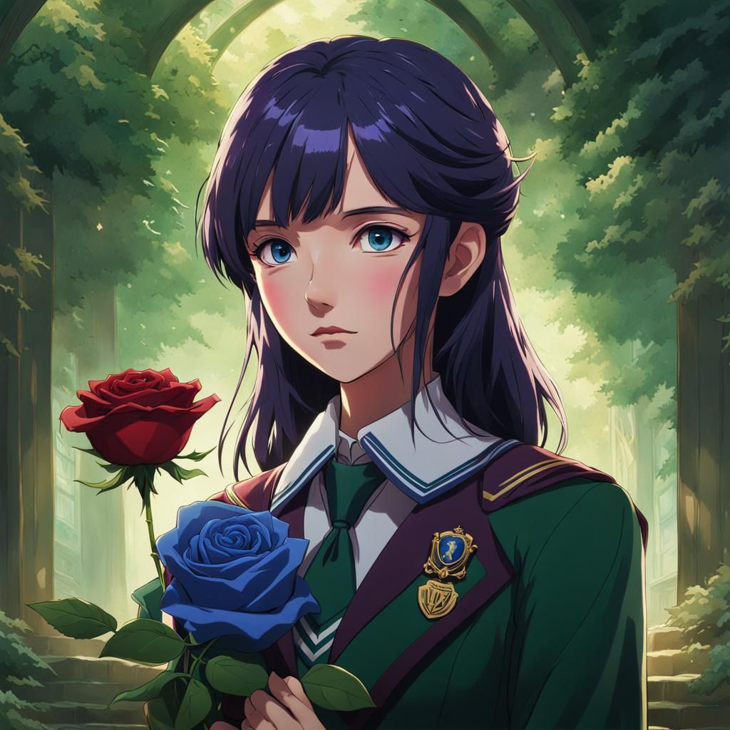 Anime Girl in Slytherin Uniform with Red Rose