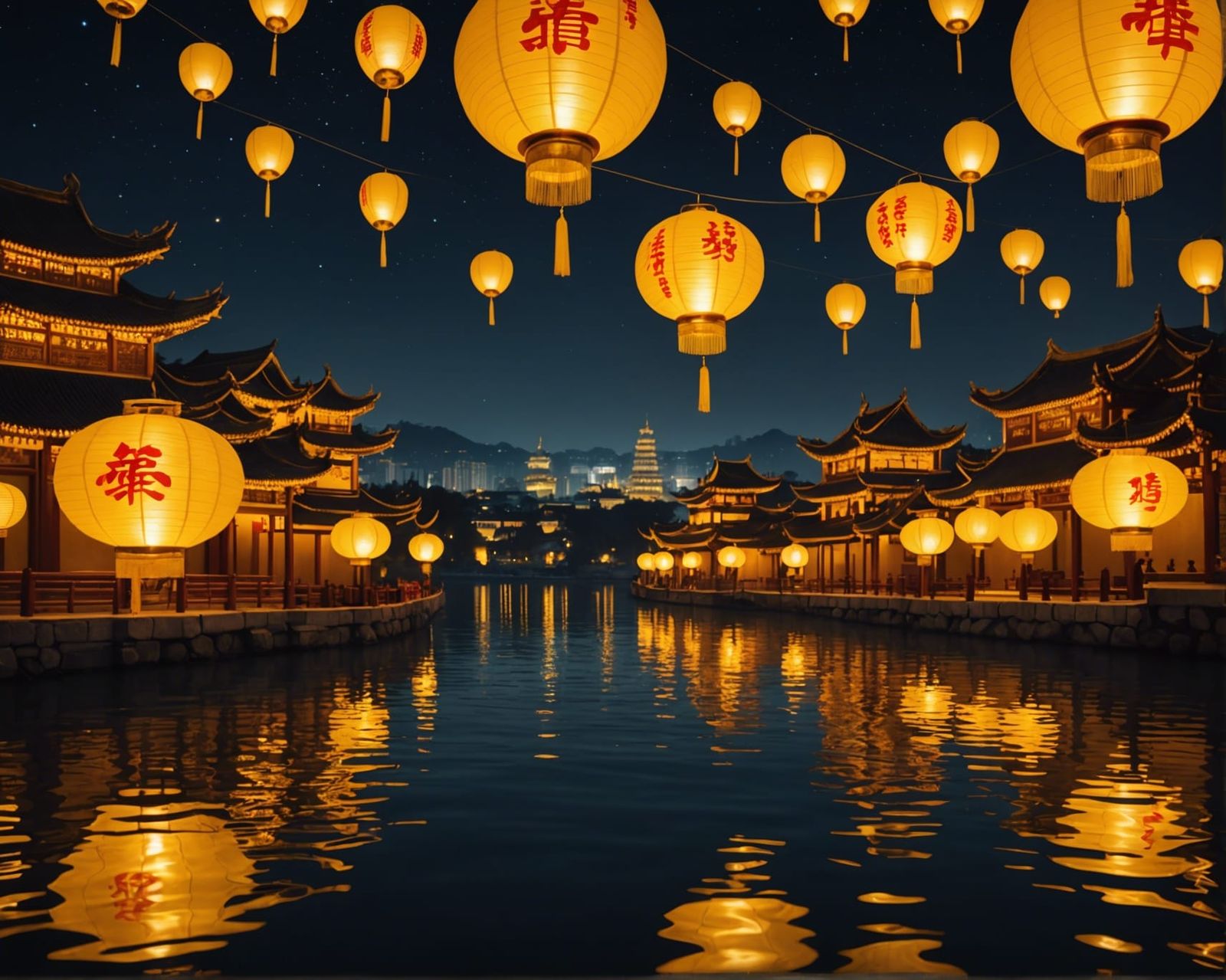 Glowing Chinese Paper Lanterns Over River