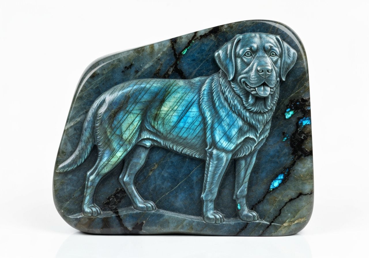Labrador Dog Bas-Relief Sculpture in Labradorite