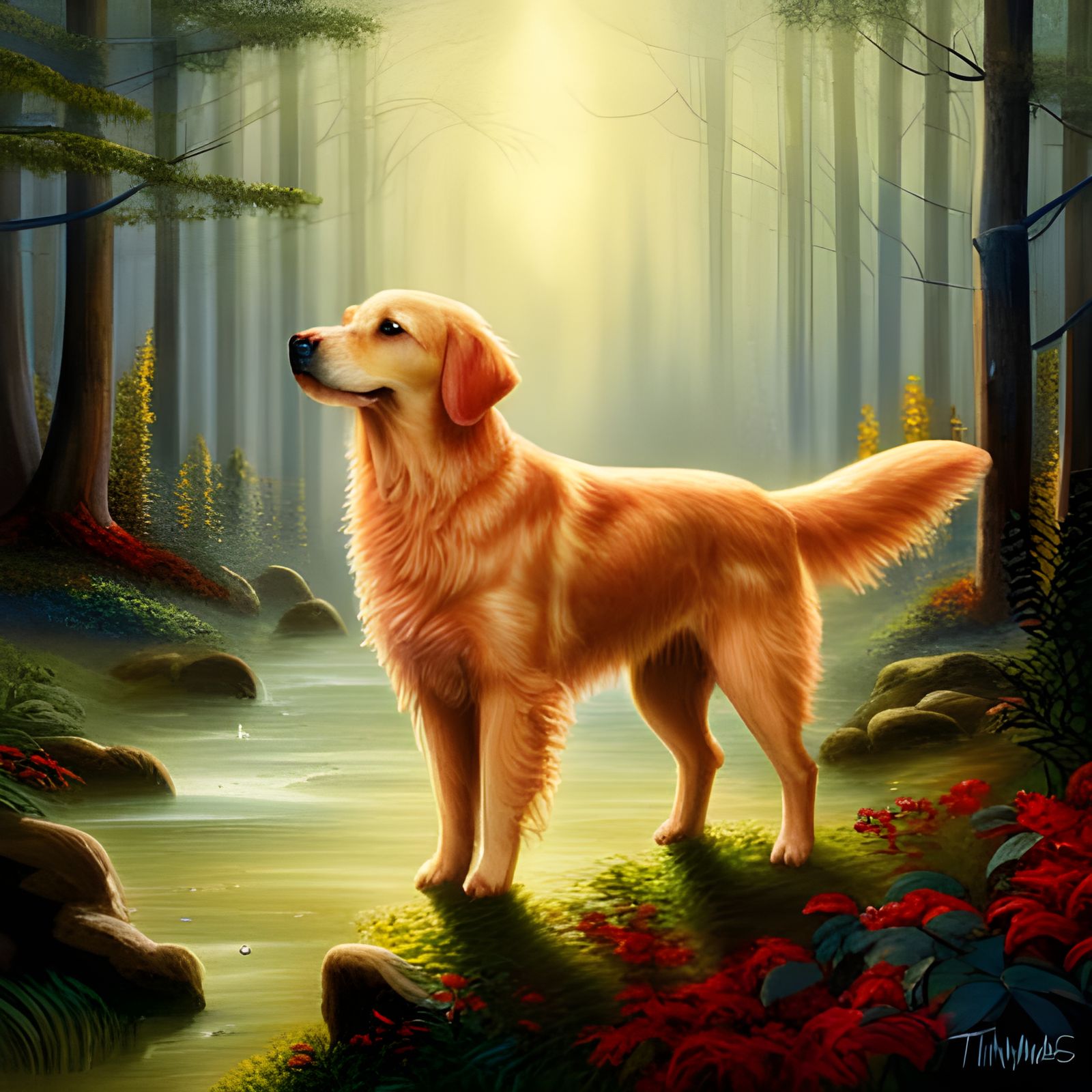 Ethereal Golden Retriever in Misty Forest
