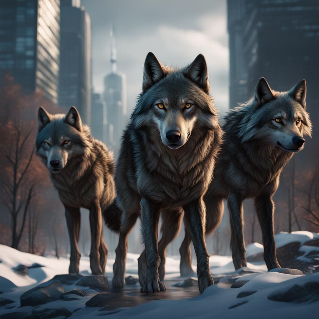 Three Majestic Wolves in Toronto: Detailed Matte Painting