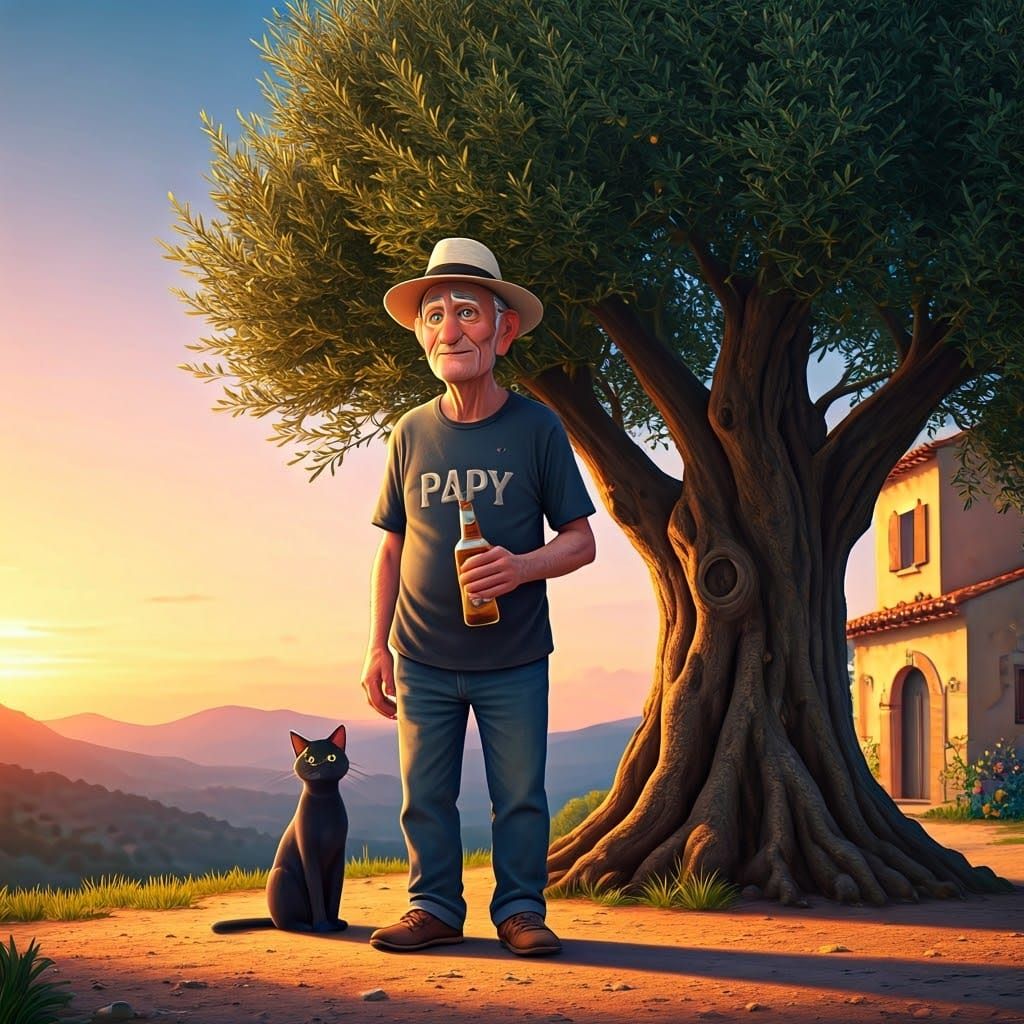 Elderly Man with Cat: Pixar-Style 3D Render