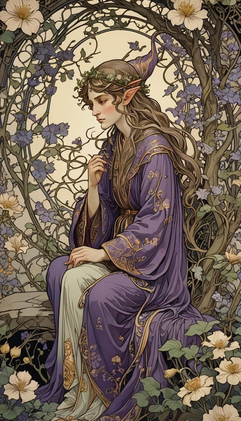 Elf in Art Nouveau Style with Flowing Robes