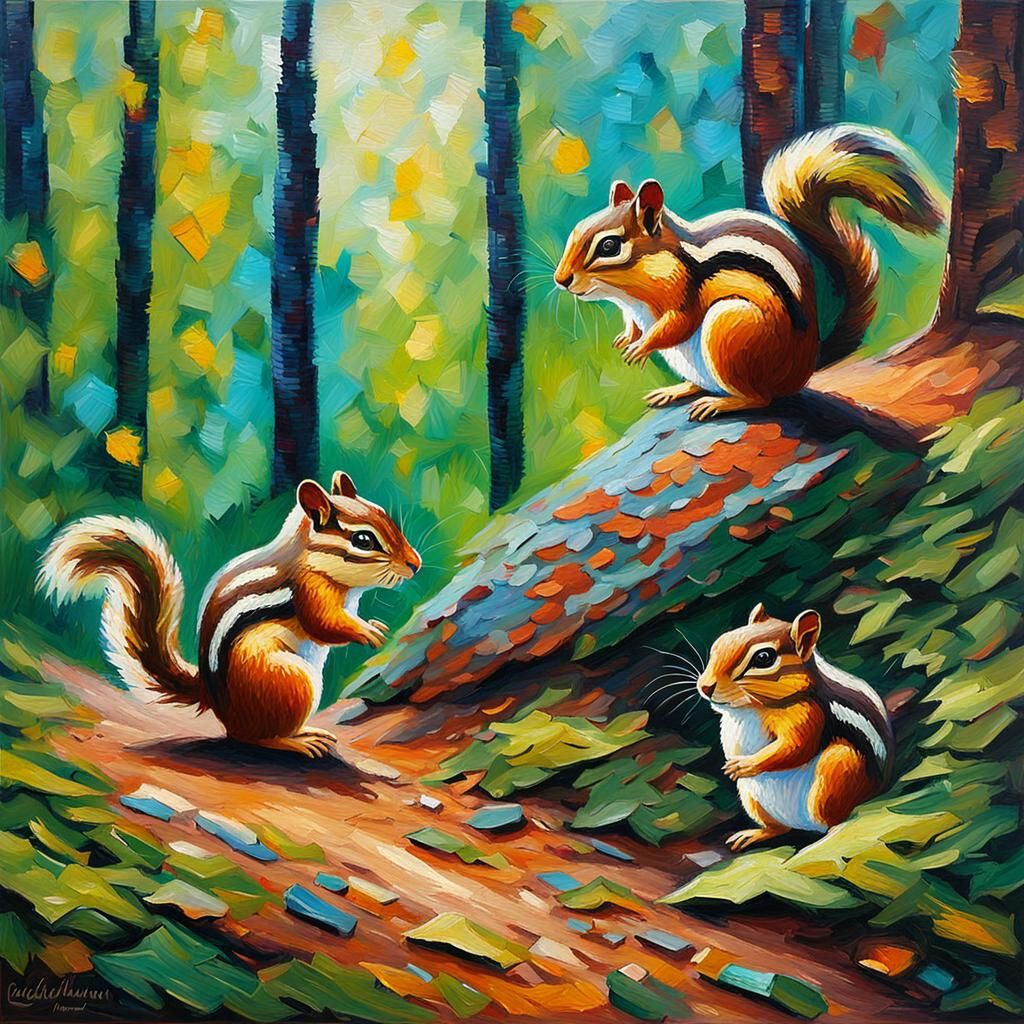 Chipmunks in Forest: Neo-Impressionist Expressionist Oil Pai...