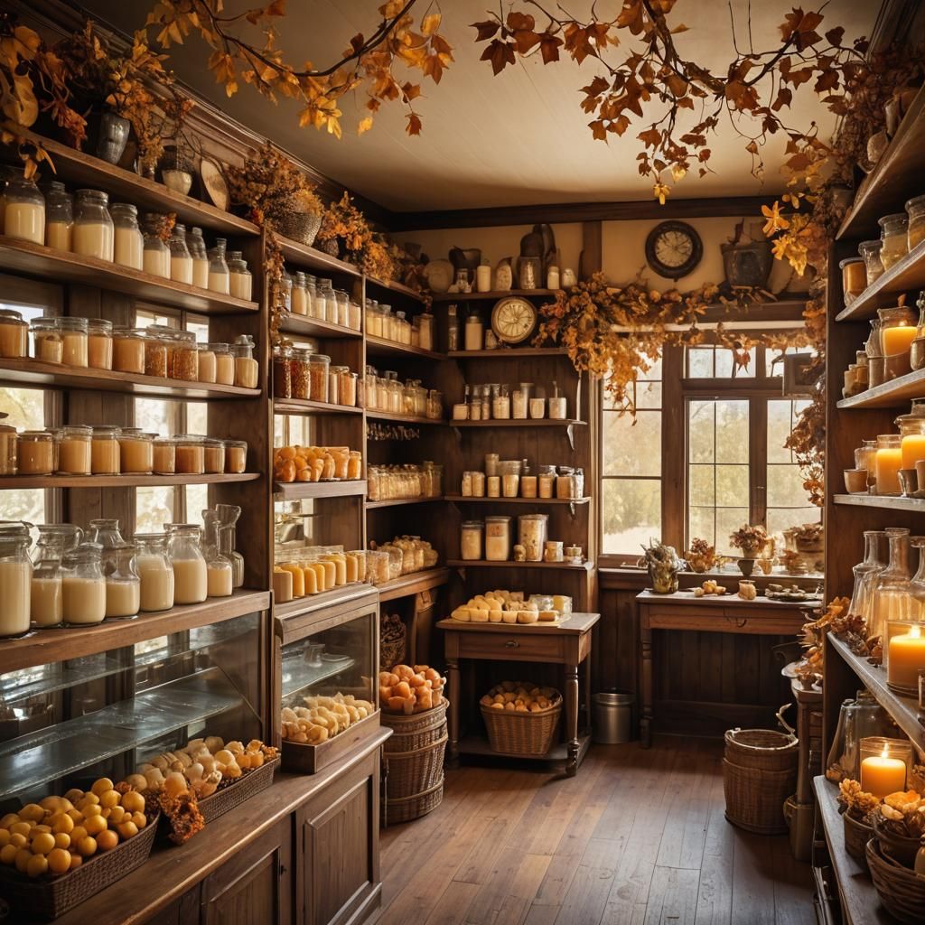 Rustic Dairy Shop Interior with Autumn Decor