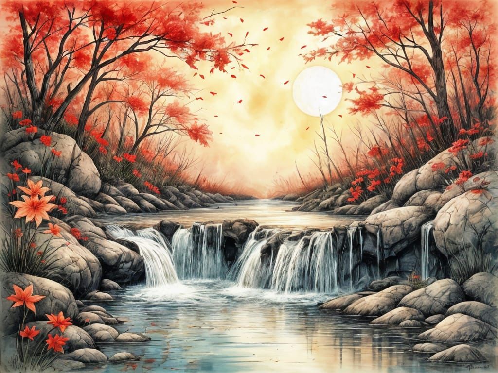 Detailed Lithograph & Woodblock Art of Japanese Poem Landsca...