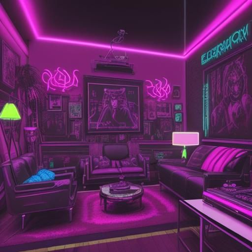 Synthwave Neon Drawing Room Maximalist Clutter