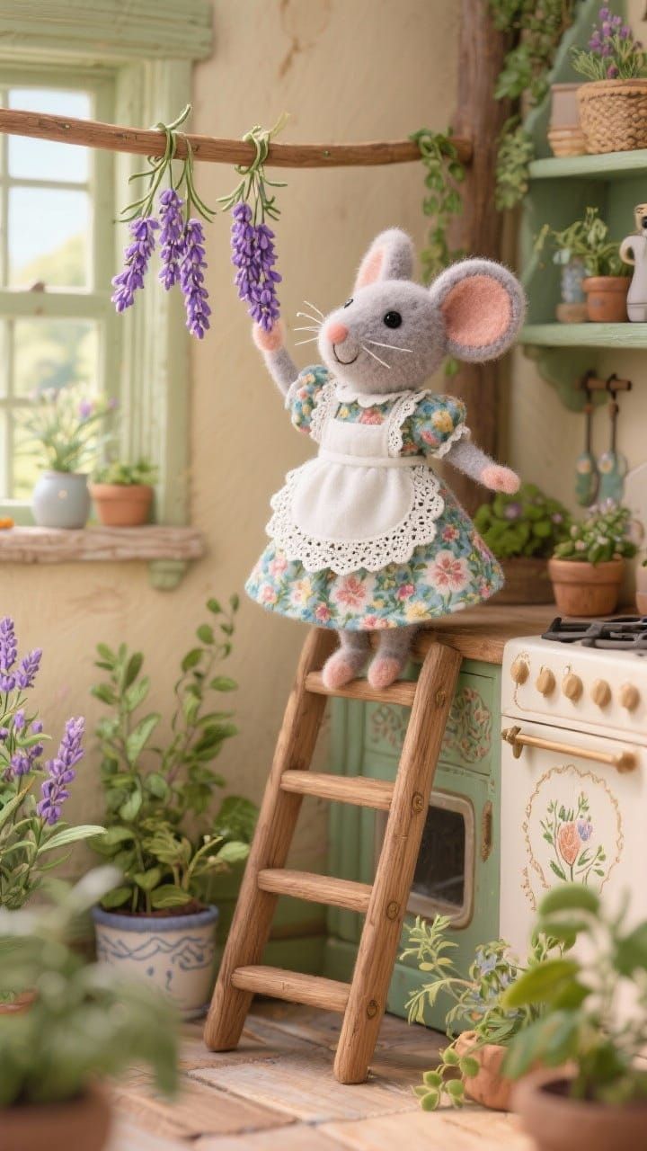 Felted Mouse Hanges Lavender in Cottage Kitchen