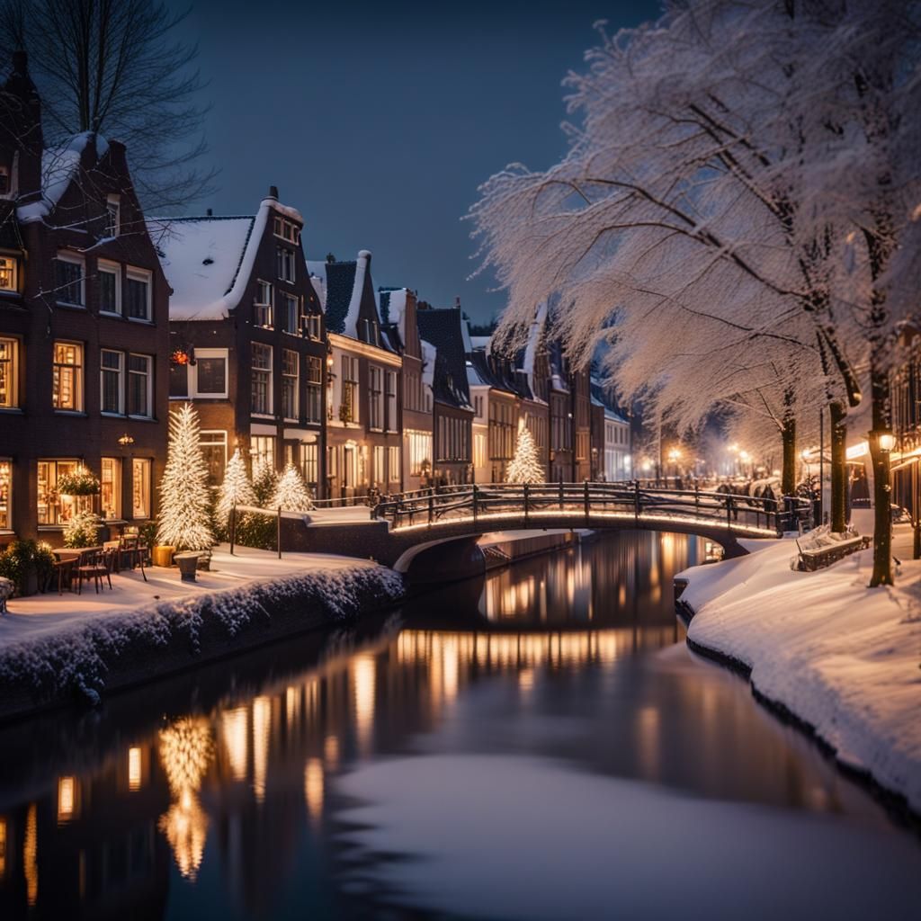 Snowy Dutch Village at Night with Christmas Lights