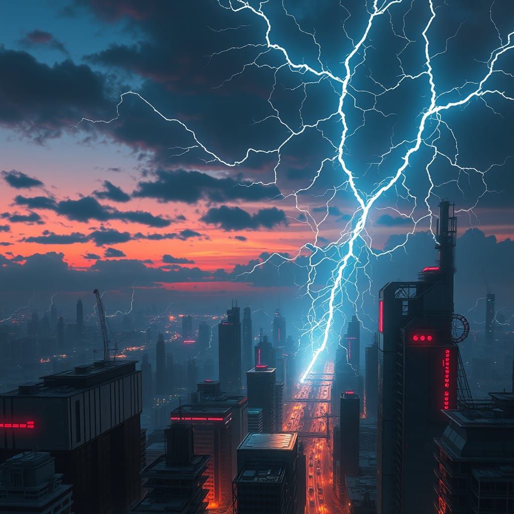 Neon Cityscape with Crackling Electricity in Cyberpunk Style
