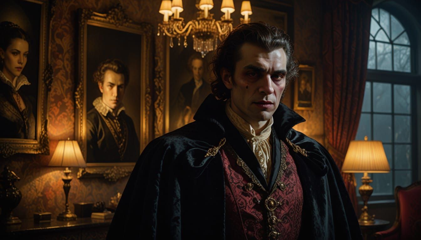 Sensual Vampire in Modern Luxury, Romantic Oil Painting