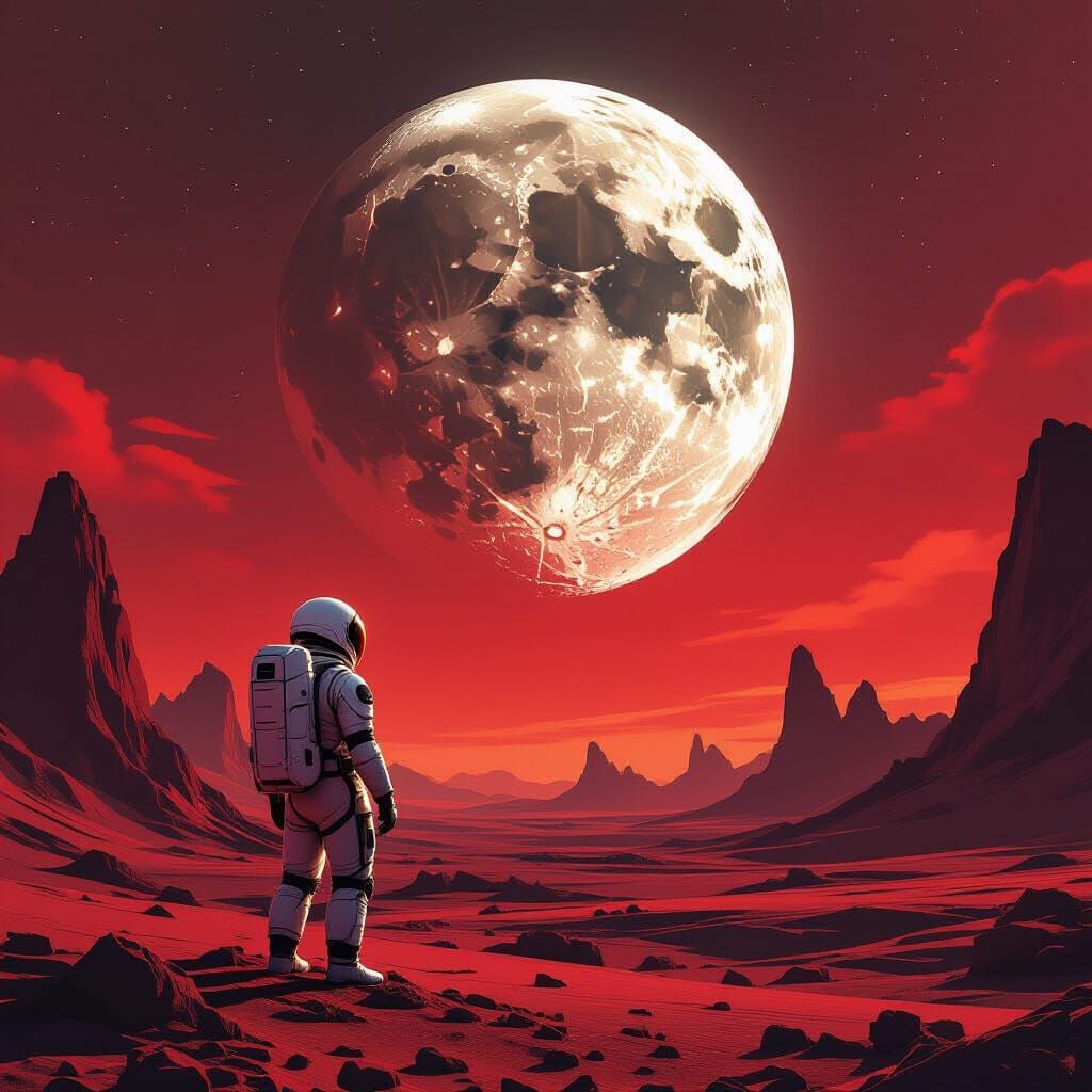 Astronaut Gazes at Shattered Moon on Alien World