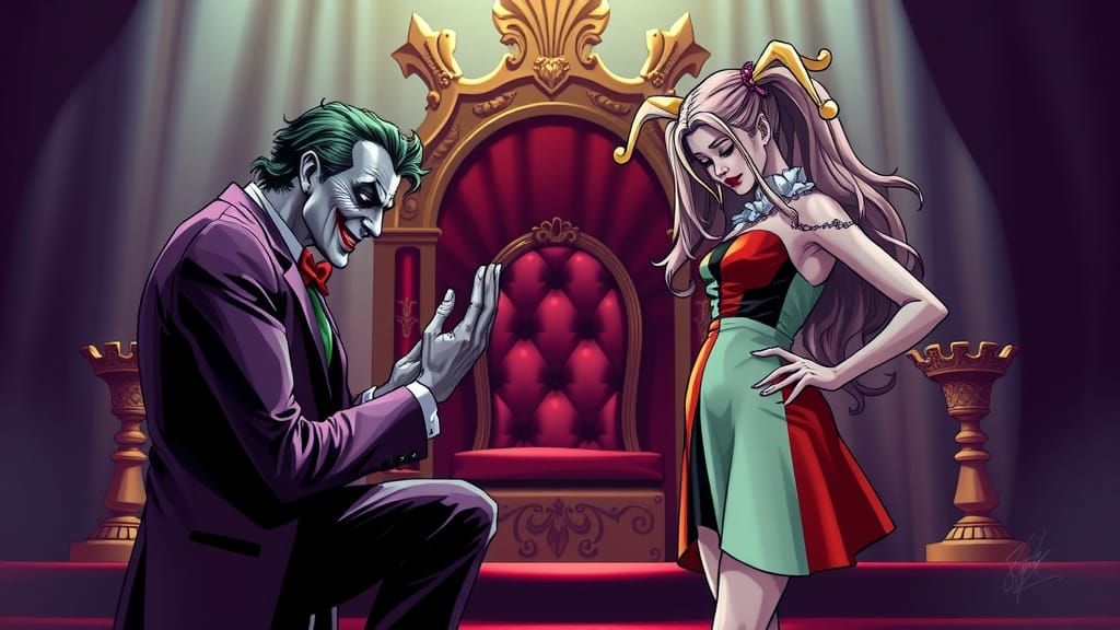 Joker Kneels to Harley Quinn Before Royal Throne
