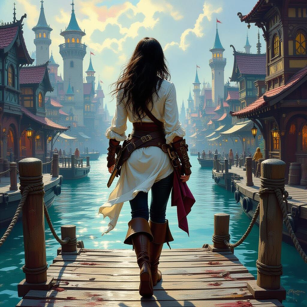 Pirate's Arrival: Fantasy Oil Painting at City Dock