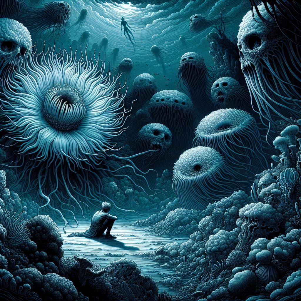 Eerie Underwater Scene with Harsh Coral and Contemplative Fi...