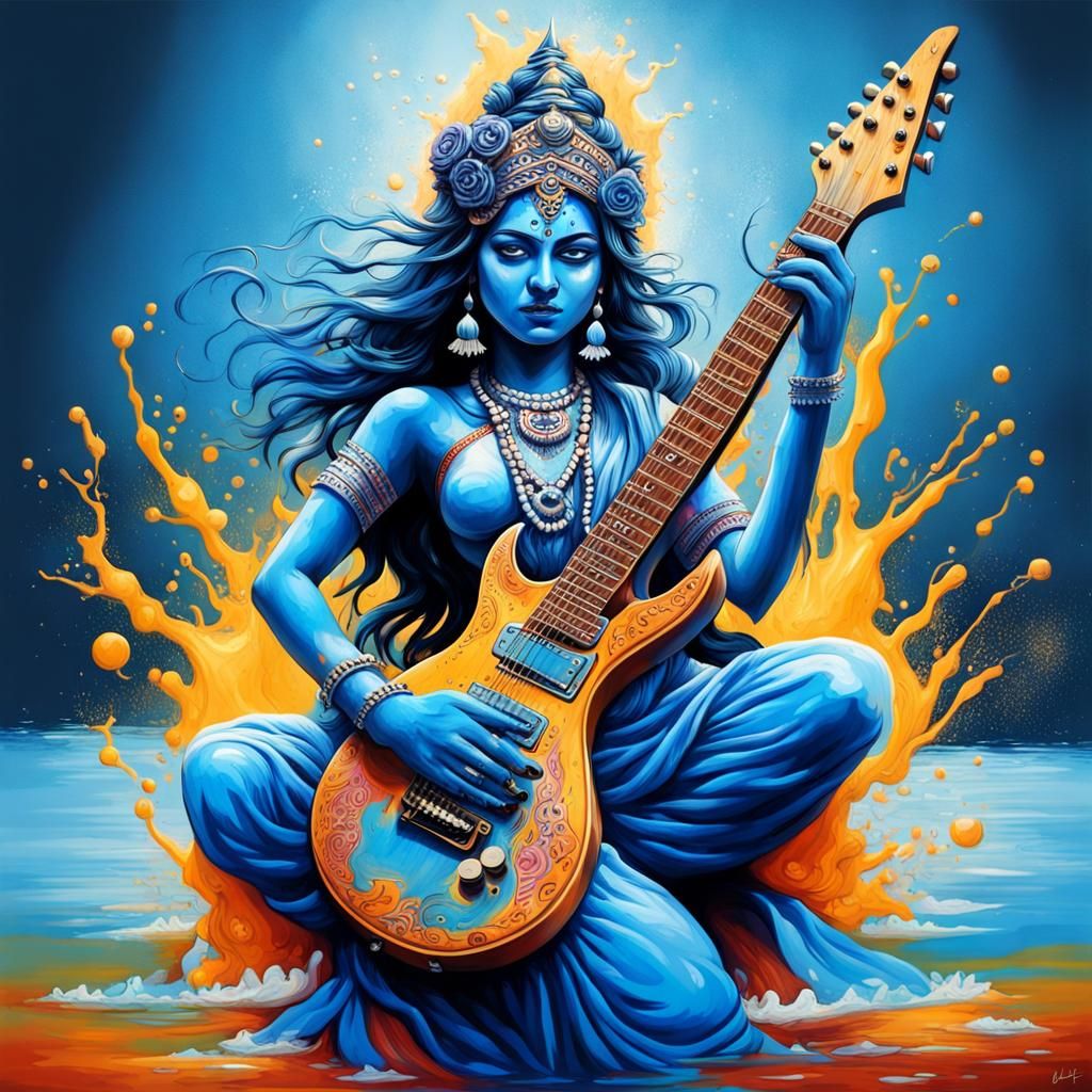 Blue Hindu Goddess Emerges with Electric Guitar