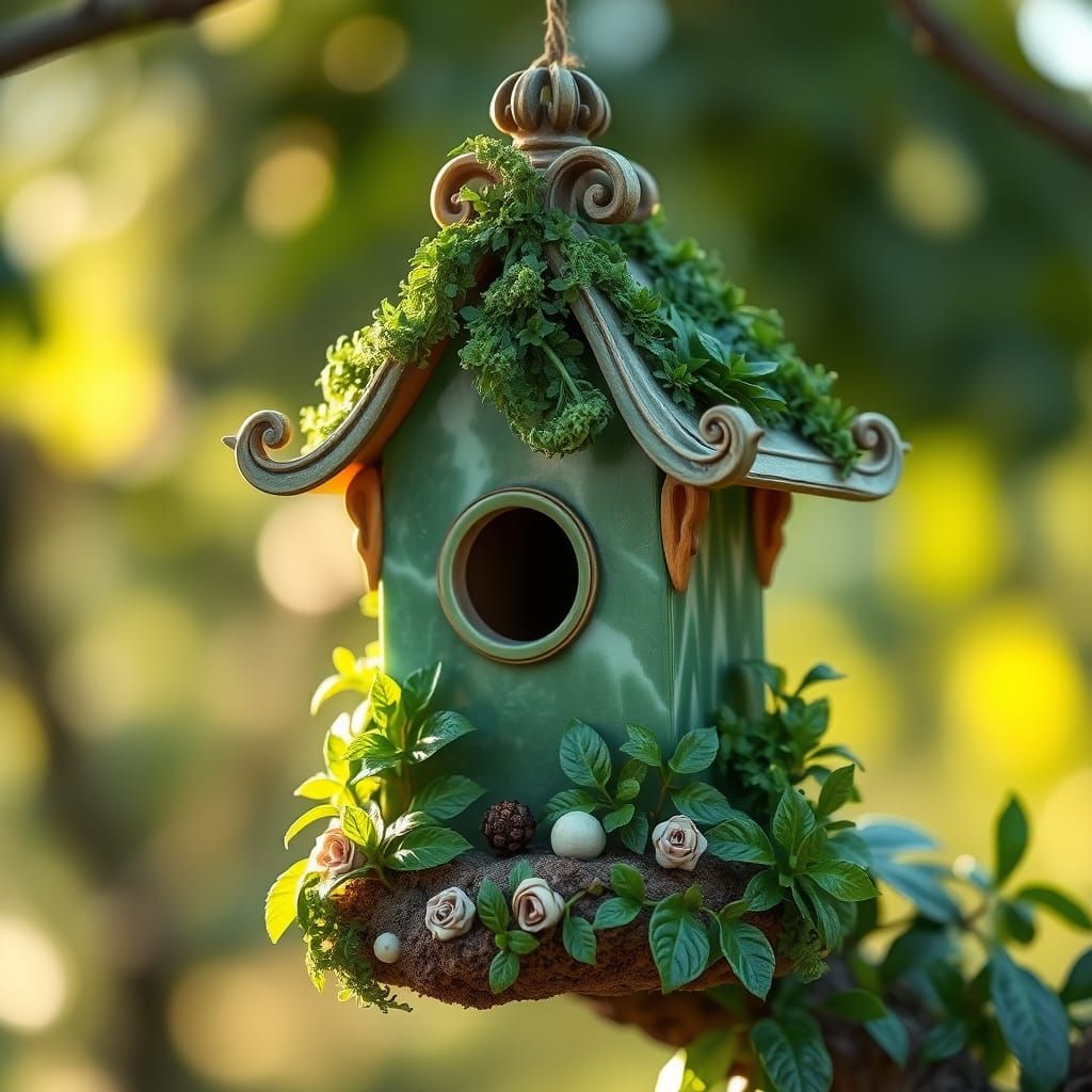 Intricate Jade Birdhouse in Realism Photography Style