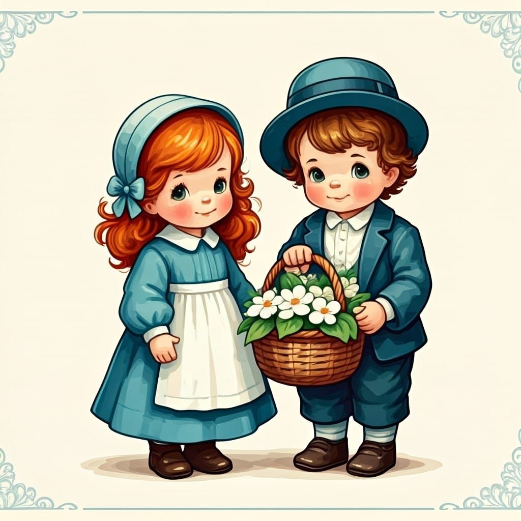Vintage-Style Haredi Children in Whimsical Folk Art