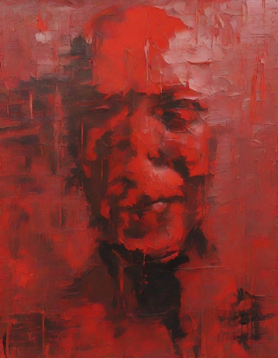 Red Impasto Portrait of Defeated Man