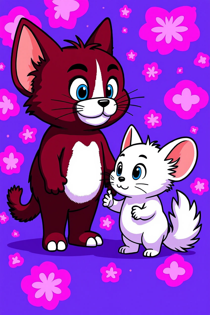 Fluffy Cat and Mouse Duo in Detailed Anime Style