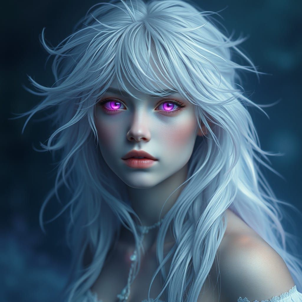 Enchanted, Waif-like Girl with Radiant Skin and Moonlit Hair
