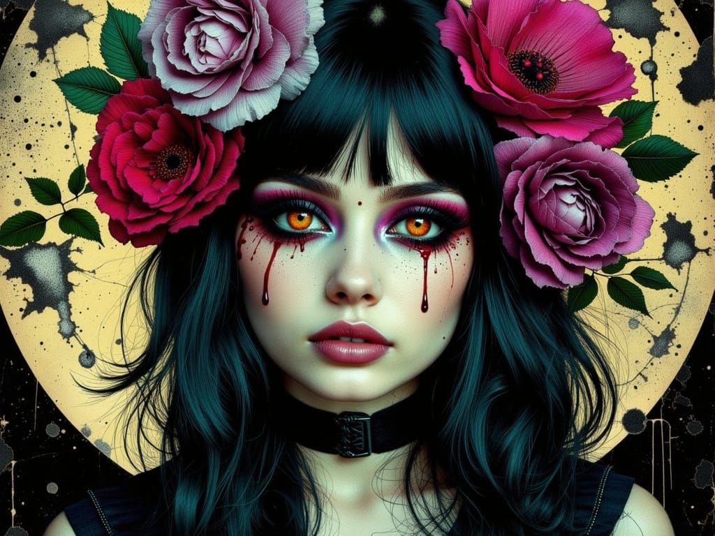 Ethereal Gothic Woman Amidst Surreal Blooms