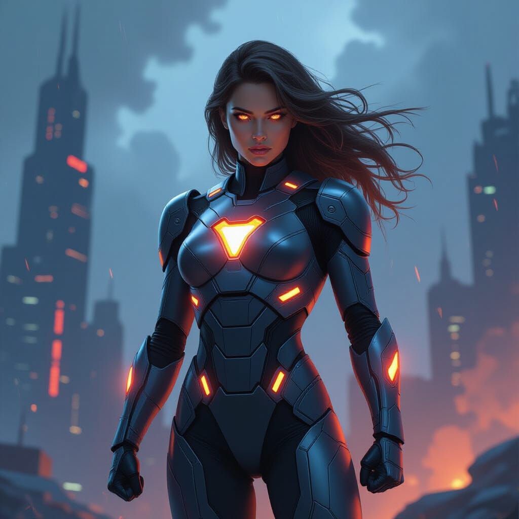 Ironheart Superhero in Stormy Futuristic City