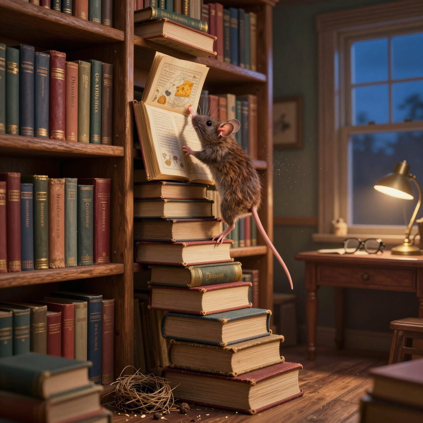 Whimsical Mouse Reaches Top Shelf for Rare Book