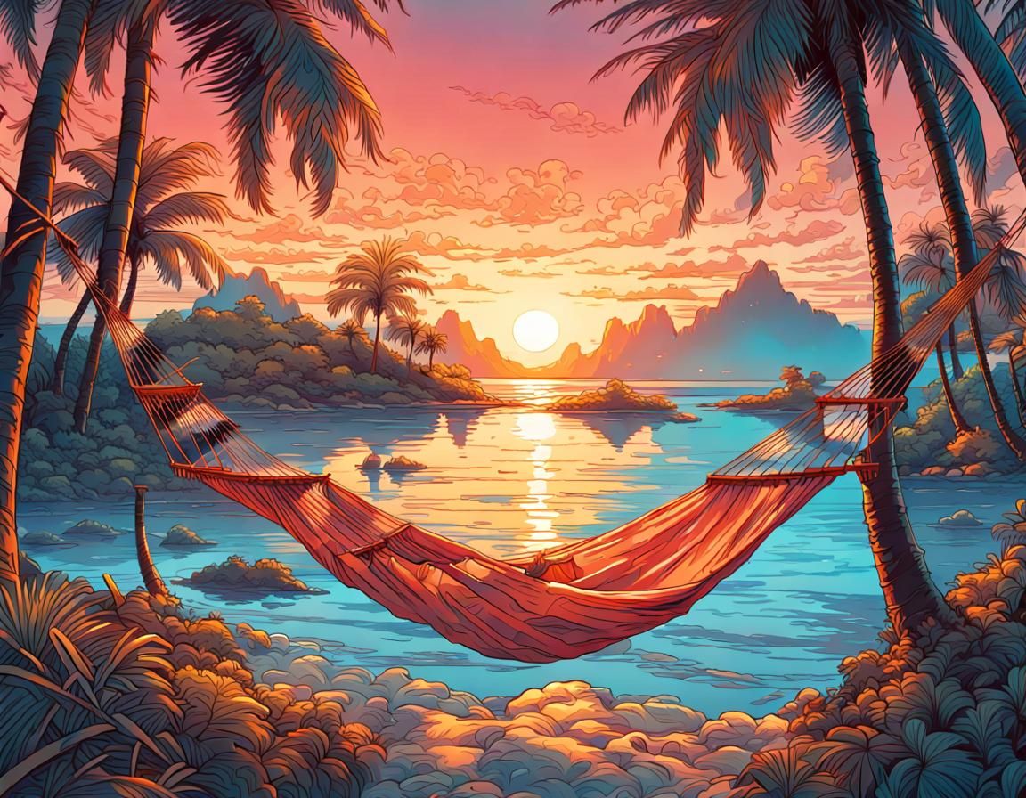Hammock under palm trees.