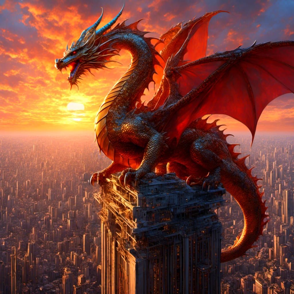 Dragon Overlooking City at Sunset in Oriental Style